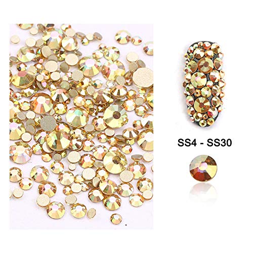 Dowarm 2650 Pieces Glue Fix Glass Flat Back Crystal Rhinestones Round Gems, 6 Sizes 1.5mm - 6.5mm, Non Hotfix Flatback Crystals Loose Gemstones for Crafts Nail Face Art Clothes (Metal Sunlight/Gold)