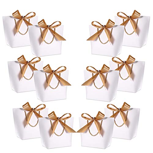 WantGor Gift Bags with Handles 10x7.5x3 inch Christmas Paper Party Favor Bag Bulk with Bow Ribbon for Birthday Wedding/Bridesmaid Celebration Present Classrooms Holiday(White, Medium- 12 Pack)