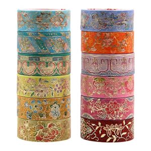 lychii washi tape set, 12 rolls vintage masking tape, gold foil decorative tape, glitting oriental aesthetic journaling supplies for planner, bujo, artistic projects – 15 mm