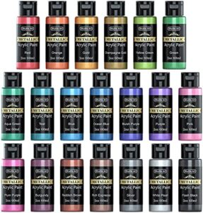 metallic acrylic paint set, shuttle art 20 colors metallic paint in bottles (60ml, 2oz) with 3 brushes and 1 palette, rich pigments, non-toxic for artists, beginners on rocks crafts canvaswood fabric