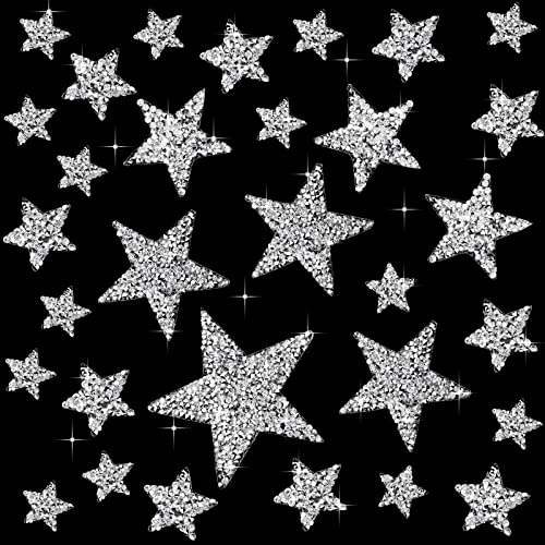 32 Pieces 5 Sizes Iron On Star Patches Adhesive Rhinestone Patches Bling Star Shape Rhinestone Appliques DIY for Clothing Jeans Repair Decoration