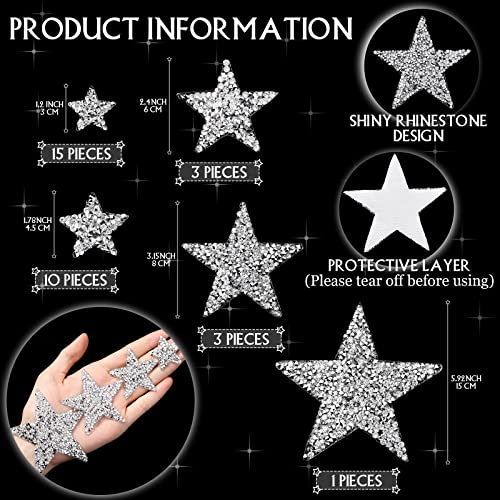 32 Pieces 5 Sizes Iron On Star Patches Adhesive Rhinestone Patches Bling Star Shape Rhinestone Appliques DIY for Clothing Jeans Repair Decoration