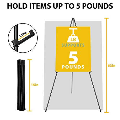 63" Tall Display Easel, Folding Instant Poster Easel, Black Steel Metal Telescoping Art Easel for Display Show, Easy Assembly with Carrying Bag (Black, 1Pack)