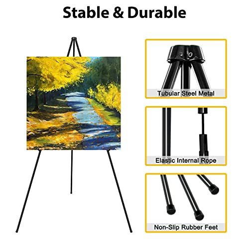 63" Tall Display Easel, Folding Instant Poster Easel, Black Steel Metal Telescoping Art Easel for Display Show, Easy Assembly with Carrying Bag (Black, 1Pack)