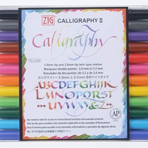 Kuretake ZIG Calligraphy Marker Pens, 12 Colors set, 2mm. & 3.5mm Dual Tip Markers, AP-Certified, Photo-Safe, Acid Free, Lightfast, Odourless, For Beginners, Made in Japan (Water-based dye ink)