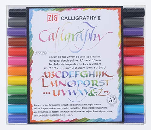 Kuretake ZIG Calligraphy Marker Pens, 12 Colors set, 2mm. & 3.5mm Dual Tip Markers, AP-Certified, Photo-Safe, Acid Free, Lightfast, Odourless, For Beginners, Made in Japan (Water-based dye ink)