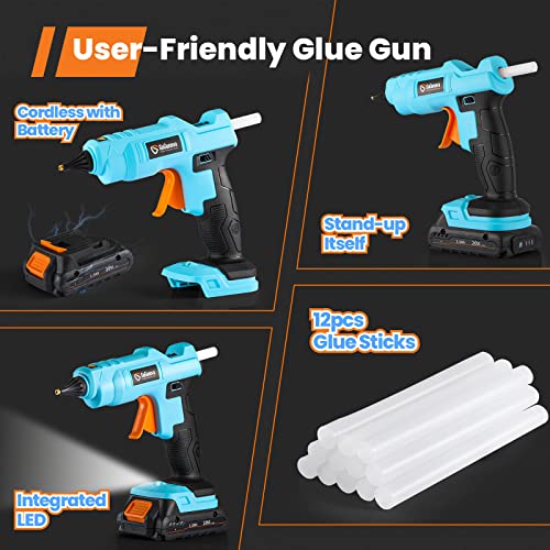 20V Cordless Hot Glue Gun, GoGonova Drip-Free Fast Heating Full Size Glue Gun with Insulated Copper Nozzle, Melting Glue Gun Kit with LED Light and 12 Pcs Premium Glue Sticks (Battery Included)