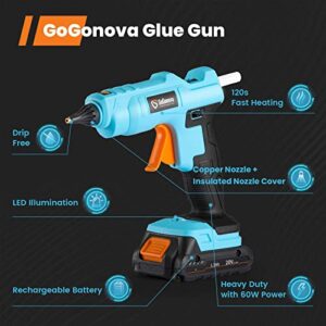 20V Cordless Hot Glue Gun, GoGonova Drip-Free Fast Heating Full Size Glue Gun with Insulated Copper Nozzle, Melting Glue Gun Kit with LED Light and 12 Pcs Premium Glue Sticks (Battery Included)