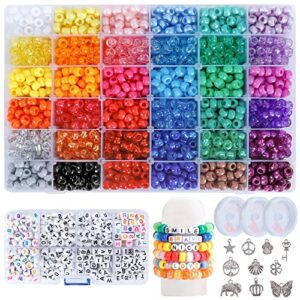 quefe 3850pcs pony beads kit, 3060pcs rainbow opaque beads and 790pcs letter beads, 36 colors 10 pendants and 3 rolls crystal string for bracelets jewelry necklace making crafts