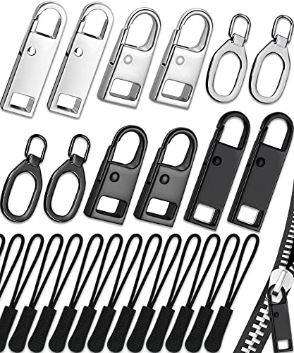 Zipper Pull, Zipper Pull Replacement (32 Pack), Universal Replacement Zipper Pull Kit, Durable Zipper Tab Replacement, Zipper Pulls for Backpacks, Purses, Jackets, Luggage, Boots (4 Styles 4 Sizes)