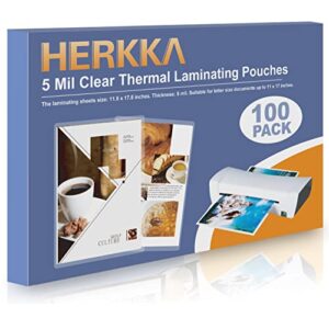 herkka 100 pack laminating sheets, hold 11 x 17 inch sheet, 5 mil clear thermal laminating pouches 11.5 x 17.5 inch lamination sheet paper for laminator, round corner