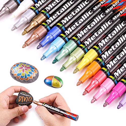 Dyvicl Metallic Markers Paint Markers, Broad Tip Paint Pens for Rocks, Halloween Pumpkin, Wood, Fabric, Glass, Ceramics, Metal, Plastic, Black Paper, Christmas Art Crafts, Set of 15