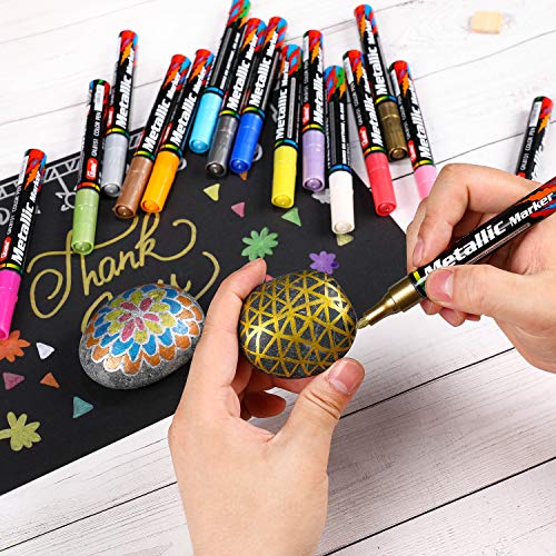 Dyvicl Metallic Markers Paint Markers, Broad Tip Paint Pens for Rocks, Halloween Pumpkin, Wood, Fabric, Glass, Ceramics, Metal, Plastic, Black Paper, Christmas Art Crafts, Set of 15