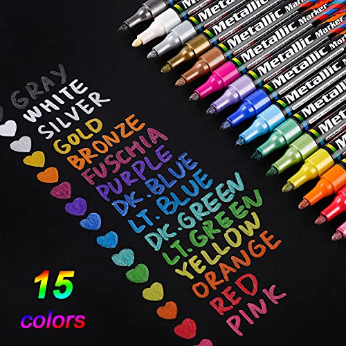 Dyvicl Metallic Markers Paint Markers, Broad Tip Paint Pens for Rocks, Halloween Pumpkin, Wood, Fabric, Glass, Ceramics, Metal, Plastic, Black Paper, Christmas Art Crafts, Set of 15