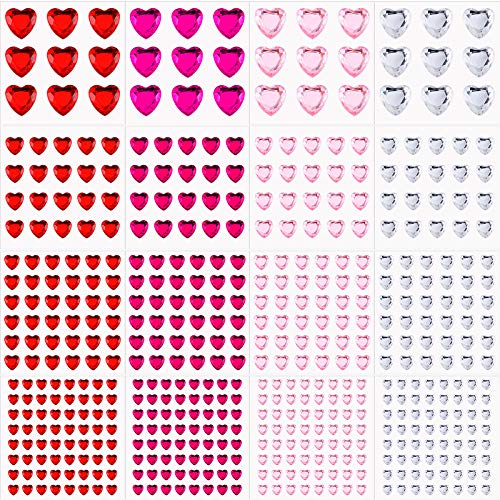 516 Pieces Acrylic Heart Gems Rhinestone Sticker Heart Crystal Gems Sticker Self-Adhesive Rhinestone Sticker Flat Back Heart Rhinestones for Wedding Decoration DIY Crafts Jewelry Making