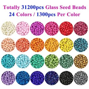 DICOBD 31200pcs 2mm Small Glass Seed Beads, 24 Color Craft Beads for Bracelets Jewelry Making and Crafts, with a Storage Box