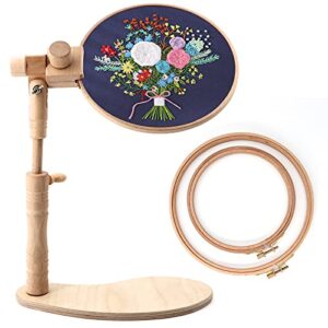 zocone beech wood adjustable rotated embroidery hoop stand with 2 pcs 7” 8” embroidery hoops, wooden embroidery stand, embroidery hoop holder for cross stitch and embroidery project
