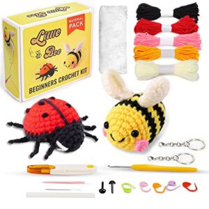 pp opount beginner crochet kit – cute bee & ladybug, complete crochet kit for beginners, starter pack for adults and kids, includes step-by-step instruction and video tutorials