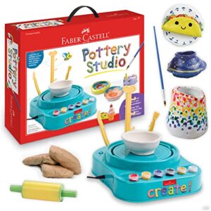 faber-castell pottery studio – kids pottery wheel kit for ages 8+, complete pottery wheel and painting kit for beginners, 3 lbs of sculpting clay , blue