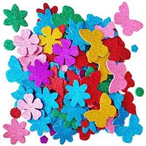 glitter foam flower and butterfly shapes stickers, self-adhesive stickers kid’s arts crafts supplies for greeting cards diy scrapbooking cards creative toys home decoration (random colors)