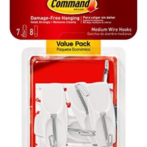 Command Medium Wire Toggle Hooks, Damage Free Hanging Wall Hooks with Adhesive Strips, No Tools Wall Hooks for Hanging Organizational Items in Living Spaces, 7 White Hooks and 8 Command Strips