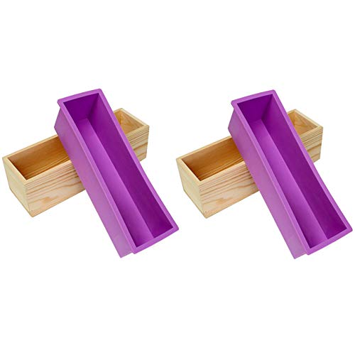 Ogrmar Flexible Rectangular Soap Silicone Mold with Wood Box DIY Tool for Soap Cake Making 42oz (Purple-2PCS)