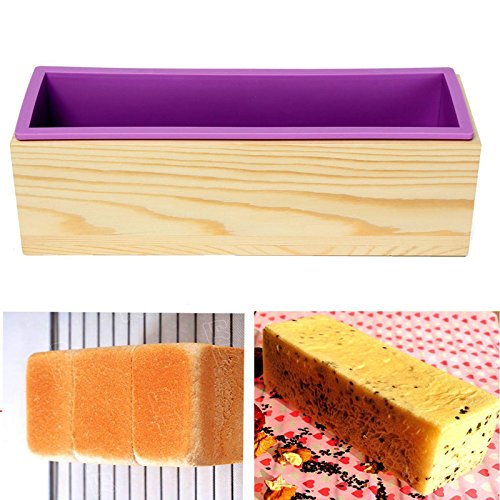 Ogrmar Flexible Rectangular Soap Silicone Mold with Wood Box DIY Tool for Soap Cake Making 42oz (Purple-2PCS)