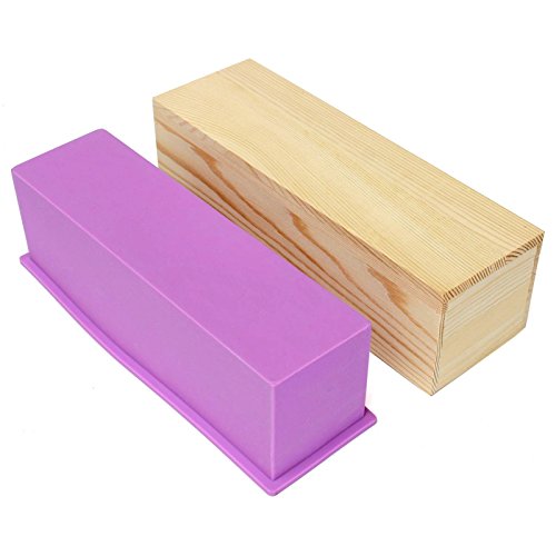 Ogrmar Flexible Rectangular Soap Silicone Mold with Wood Box DIY Tool for Soap Cake Making 42oz (Purple-2PCS)