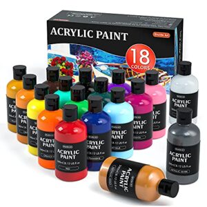 shuttle art acrylic paint, 18 colors acrylic paint bottle set (240ml/8.12oz), rich pigmented acrylic paints, bulk painting supplies for artists, beginners and kids on rocks crafts canvas wood ceramic