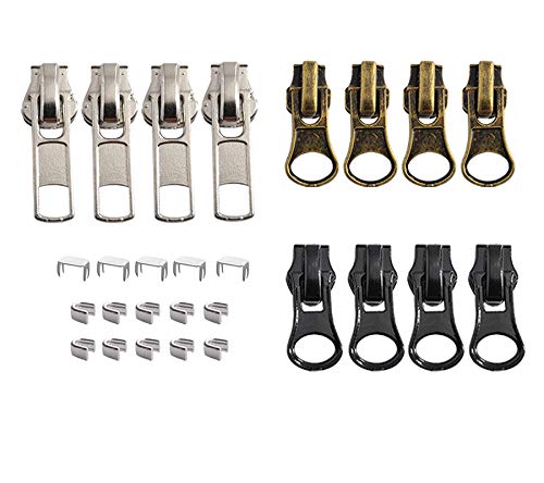 Meikeer 12 Pieces #5 Zipper Slider Repair Kits Black Bronze and Silver Zipper Sliders Zipper Pull Replacement for Metal Plastic and Nylon Coil Jacket Zippers