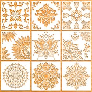 9 pack (12×12 inch) large reusable stencil mandala stencil laser cut painting template for floor wall tile fabric furniture stencils painting