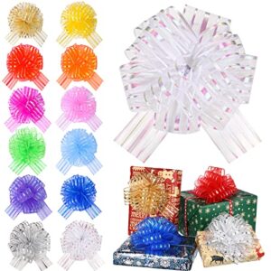 24 pieces pull bow mixed color large organza pull bow present wrapping pull bow with ribbon for wedding present baskets (multicolored)