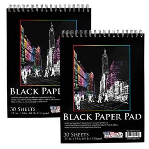 u.s. art supply 11″ x 14″ premium black heavyweight paper sketch pad, pack of 2, 30 sheets each, 64lb (140gsm) – spiral bound artist drawing paper – colored pencils, gel pens, oil pastels