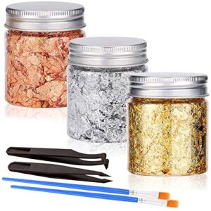 gold foil flakes with tweezers and brush, 3 bottles imitation gold foil flakes metallic leaf for nail art, painting, crafts and resin jewelry making（gold, silver and copper colors-3g））