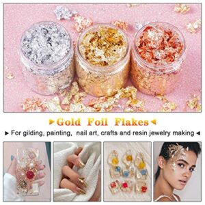 Gold Foil Flakes with Tweezers and Brush, 3 Bottles Imitation Gold Foil Flakes Metallic Leaf for Nail Art, Painting, Crafts and Resin Jewelry Making（Gold, Silver and Copper colors-3g））