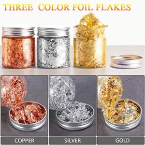 Gold Foil Flakes with Tweezers and Brush, 3 Bottles Imitation Gold Foil Flakes Metallic Leaf for Nail Art, Painting, Crafts and Resin Jewelry Making（Gold, Silver and Copper colors-3g））