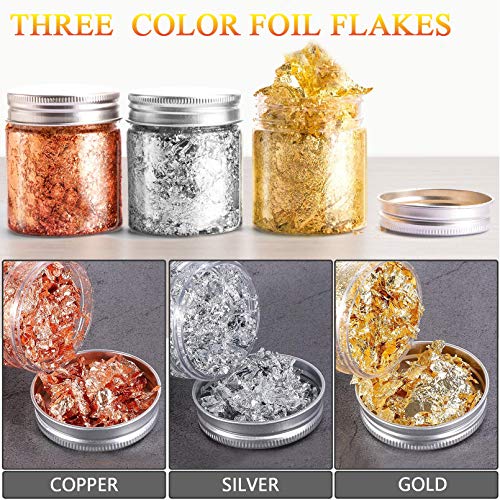 Gold Foil Flakes with Tweezers and Brush, 3 Bottles Imitation Gold Foil Flakes Metallic Leaf for Nail Art, Painting, Crafts and Resin Jewelry Making（Gold, Silver and Copper colors-3g））