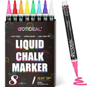 gotideal liquid chalk markers, fine tip 8 colors washable window chalkboard glass pens, paint and drawing for car, blackboard, & bistro,kids and adults, non-toxic,wet erase – reversible tip