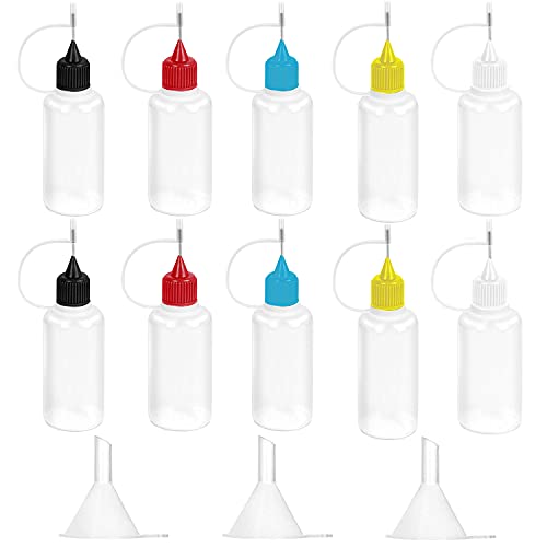 10 Pcs 1 Ounce Precision Tip Applicator Bottle 30 ML Translucent Glue Bottles Multicolor Lid with 2 Pcs Mini Funnel, for Alcohol Ink Craft Acrylic Painting