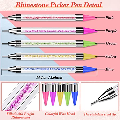 5 Pack Rhinestone Dotting Pen, Dual-Ended Rhinestone Gems Crystals Studs Wax Pencil Picker Tools Pens for Nail Art DIY Decoration, Diamond Painting