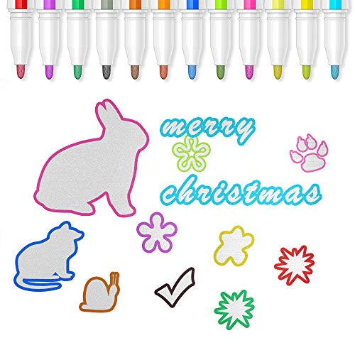 Double Line Outline Pens - 12 Colors Self Outline Metallic Markers Double Line Pen, Outline Markers Pens for Art, Drawing, Greeting Cards, Craft Projects, Posters, Painting, Kid Journal, Self Journal