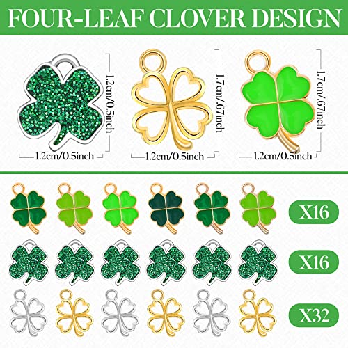 56 Pcs St. Patrick's Day Craft Supplies Lucky Four Leaf Clover Charms Pendants DIY Bracelet Charms 8 Enamel Sequins 16 Sliver Hollow 16 Gold Hollow 16 Enamel Shamrock Charms St. Patrick's Day Pendants