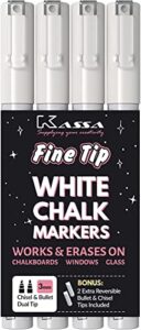 kassa 4-pack erasable white liquid chalk markers, for chalkboard, windows, glass or mirrors & more; non-toxic washable marker pens with reversible dual tip! ideal for home, school, & office use!