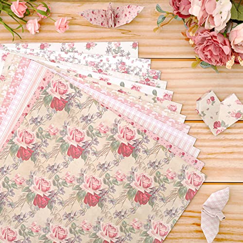 Whaline 12 Designs Spring Pattern Paper Pack 24 Sheet Rose Floral Scrapbook Specialty Paper Pink Double-Sided Collection Decorative Craft Paper for Card Making Scrapbook Photo Album Decor, 30 x 30cm