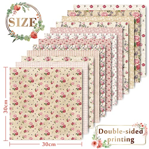 Whaline 12 Designs Spring Pattern Paper Pack 24 Sheet Rose Floral Scrapbook Specialty Paper Pink Double-Sided Collection Decorative Craft Paper for Card Making Scrapbook Photo Album Decor, 30 x 30cm