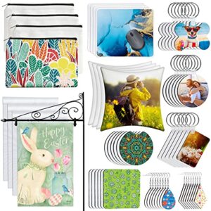 114pcs sublimation blanks products, sublimation blanks set including diy blank makeup bag, keychain, earring, pillow cover, mouse pad, coaster, garden flag for sublimation transfer heat press printing