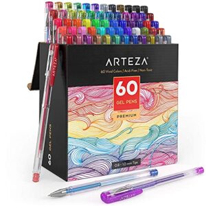 arteza gel pens, set of 60-individual-colors, 0.8-1.0 mm tips, acid-free & non-toxic, art supplies for journaling, doodling, drawing