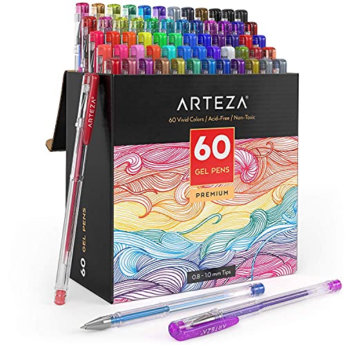 ARTEZA Gel Pens, Set of 60-Individual-Colors, 0.8-1.0 mm Tips, Acid-Free & Non-Toxic, Art Supplies for Journaling, Doodling, Drawing