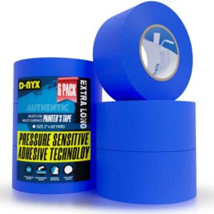 d-nyx 6 pack professional painters tape 2 inch x 60 yards | sharp edge line technology | residue-free multi-surface blue painter tape | paper masking paint tape for wall art renovation, marking