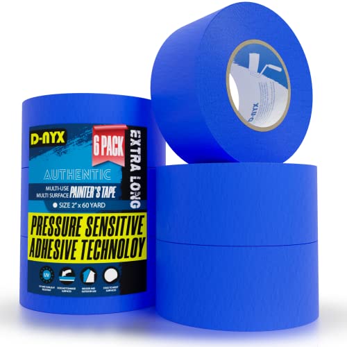 D-NYX 6 Pack Professional Painters Tape 2 inch x 60 Yards | Sharp Edge Line Technology | Residue-Free Multi-Surface Blue Painter Tape | Paper Masking Paint Tape for Wall Art Renovation, Marking